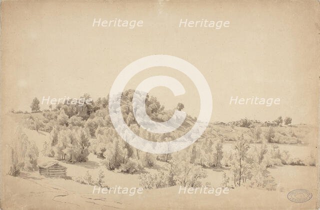 Wooded hill, lake and farmhouse, 1857. Creator: Werner Holmberg.