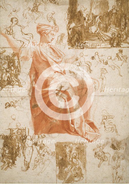 Sheet of Studies for the Blinding of Elymas, Sacrifice at Lystra, and a Holy Family, c.1558. Creator: Taddeo Zuccaro.