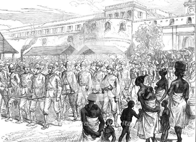 Sketches of the Ashantee War...: British troops leaving Cape Coast Castle for the front, 1874. Creator: Unknown.