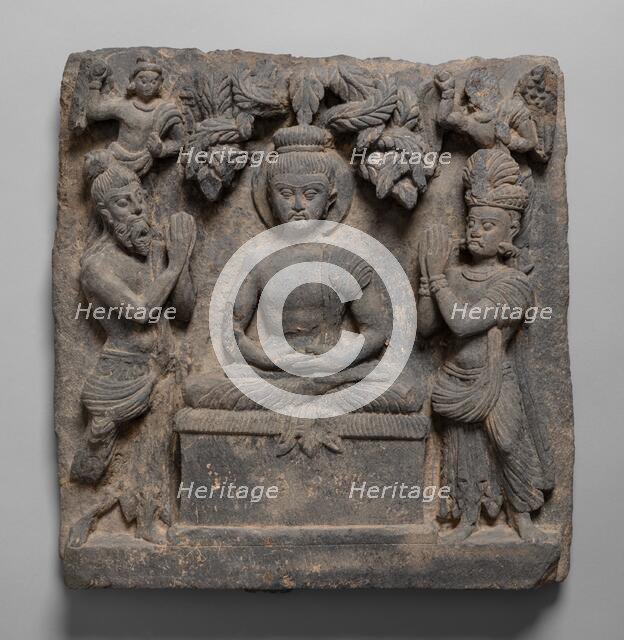 Buddha Worshipped by the Gods Indra and Brahma, Kushan period, 1st/2nd century. Creator: Unknown.