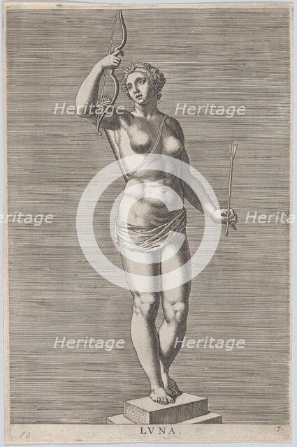 Plate 7: Diana; statue of the nude goddess standing on a socle, wearing a crescent moon in..., 1586. Creator: Philip Galle.