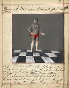 Drawing of a wild and hairy Irishman, born near Coleraine, Ireland; with text, 1730s. Creator: James Paris du Plessis.