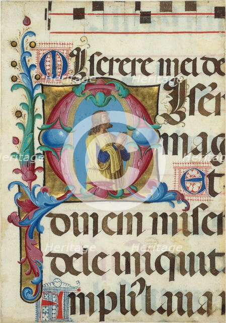 Manuscript Illumination with David in Prayer in an Initial M, from a Psalter, Italian, 1501-2. Creator: Girolamo dai Libri.