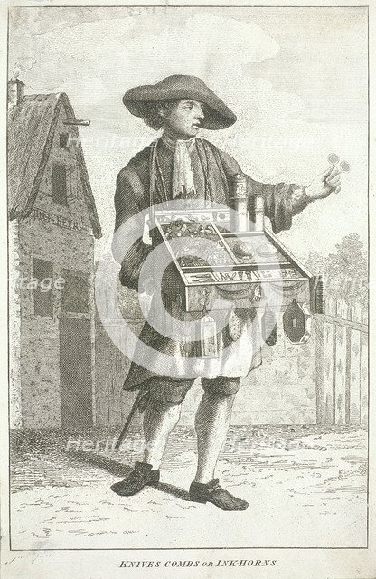 'Knives Combs or Ink-horns', Cries of London, c1750. Artist: JM