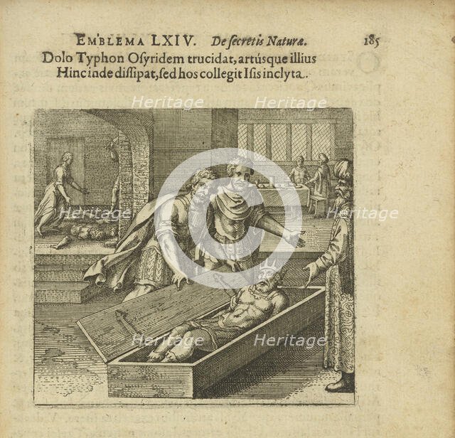 Emblem 44. Through deceit Typhon kills Osiris and scatters his members, which in turn brings...,1816 Creator: Merian, Matthäus, the Elder (1593-1650).