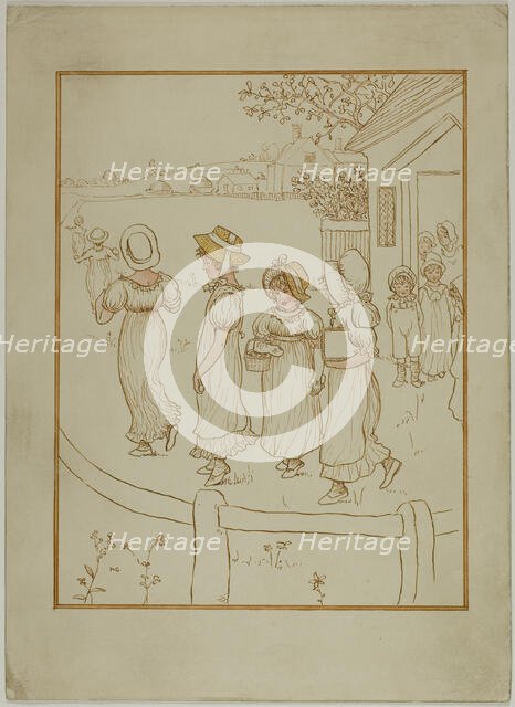 Girls Going Down a Lane, 1866-1901. Creator: Catherine Greenaway.