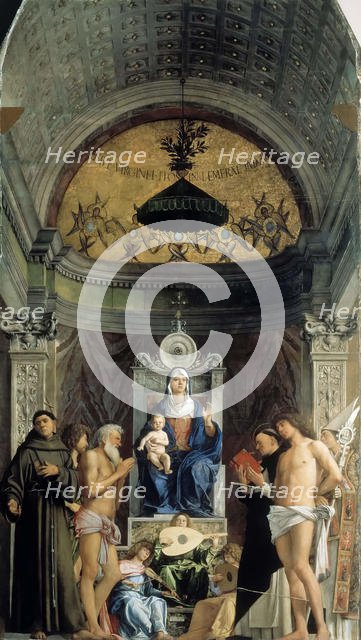 Madonna and Child, musical angels and the Saints Francis, John the Baptist, Job, Dominic..., ca 1487 Creator: Bellini, Giovanni (1430-1516).