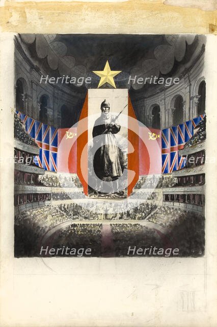 Concert hall [Albert Hall?] and orchestra against picture of Russian infantryman, (c1943?). Creators: Central Office of Information, Unknown.