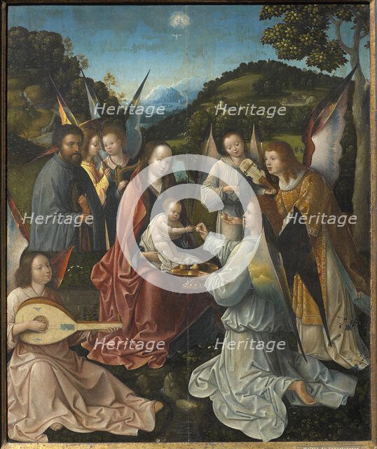 Holy Family with Angels and Saints Catherine and Barbara (Triptych, central panel), 16th cen. Creator: Master of Hoogstraeten (active ca. 1500).