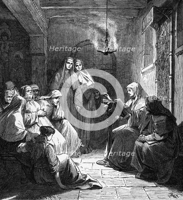 Hrotsvit as the canoness of the Gandersheim Abbey , 19th century.