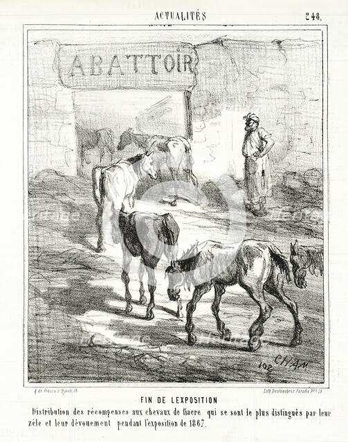 Fin de l'exposition. Distribution des récompenses aux chevaux de fiacre qui se sont le plus..., 1867 Creator: Cham.