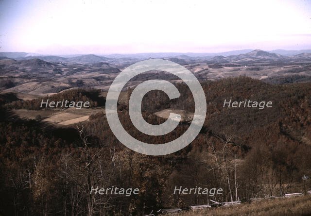 View of fields and wooded foothills from the Skyline Drive, Virginia, ca. 1940. Creator: Jack Delano.