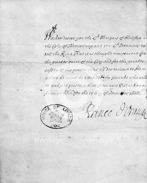 House of Lords document, signed Prince d'Orange, 1688. Artist: King William III