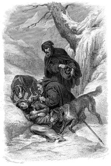 Augustinian canons and their St Bernard dogs rescuing a traveller, Switzerland. Artist: Unknown