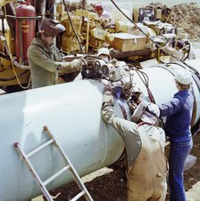 A team of welders working on the Martin pipeline, Hertfordshire, 07/07/1981. Creator: John Laing plc.