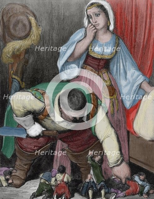 The ogre and Hop-o'-My-Thumb - "Tom Thumb", 1862.  Creator: Gustave Doré.