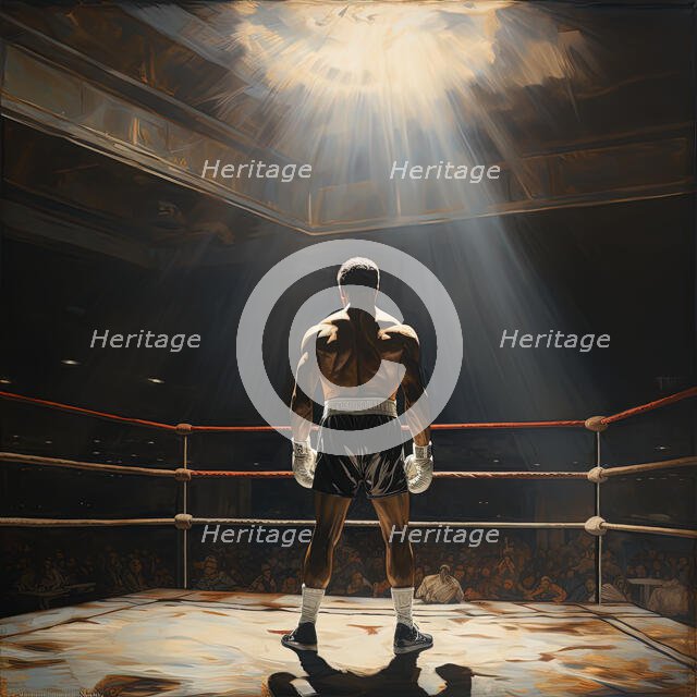AI IMAGE - Portrait of Muhammad Ali standing in a boxing ring, 1960s, (2023). Creator: Heritage Images.