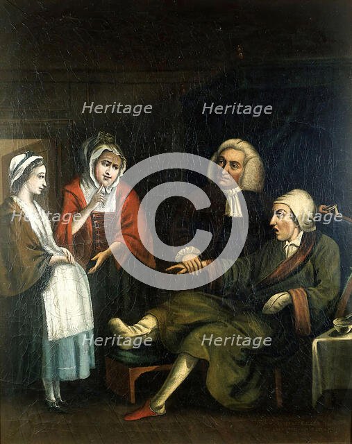 A physician (William Cullen?) taking the pulse of a gouty bachelor..., c1770s. Creator: Unknown.