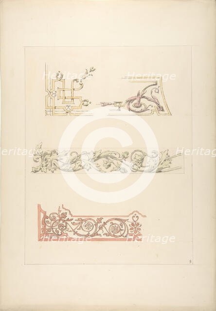Three designs for decorative borders, 1830-97. Creators: Jules-Edmond-Charles Lachaise, Eugène-Pierre Gourdet.