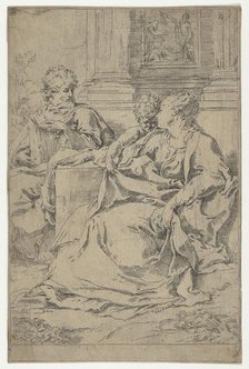 The Holy Family seated together in front of a collonade, Saint Joseph reading and..., ca. 1590-1610. Creator: Guido Reni.