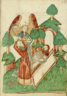 Josaphat buries Barlaam, while an Angel Holds his Crown; Barlaam und Josaphat, 1469. Creators: Hans Schilling, Diebolt Lauber.