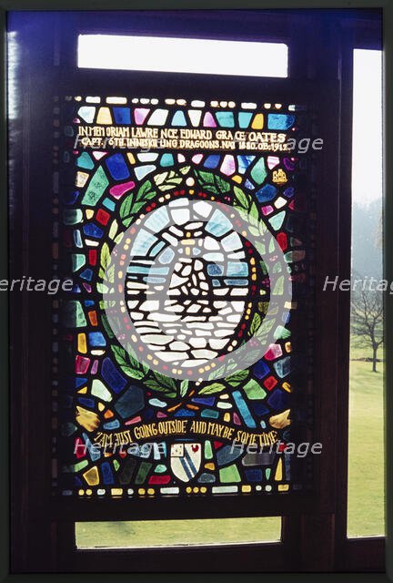 Stained glass window commemorating Lawrence Edward Grace Oates in The Oates Memorial Mus..., 1973.  Creator: Dorothy Chapman.