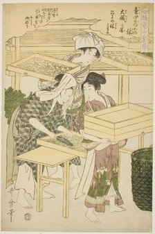 No. 4 (shi), from the series "Women Engaged in the Sericulture Industry (Joshoku..., c. 1798/1800. Creator: Kitagawa Utamaro.
