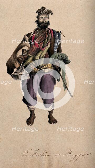 A barefoot man wearing a cloak, hat and beads: he is carrying a stick. Creator: Unknown.