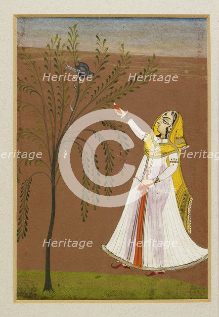 Lady feeding a bird in a tree, 19th century. Artist: Unknown.