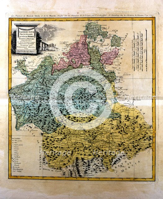 Colored map of Madrid and Castilla - La Mancha, engraved in Nuremberg 1781 by the heirs of Homann…