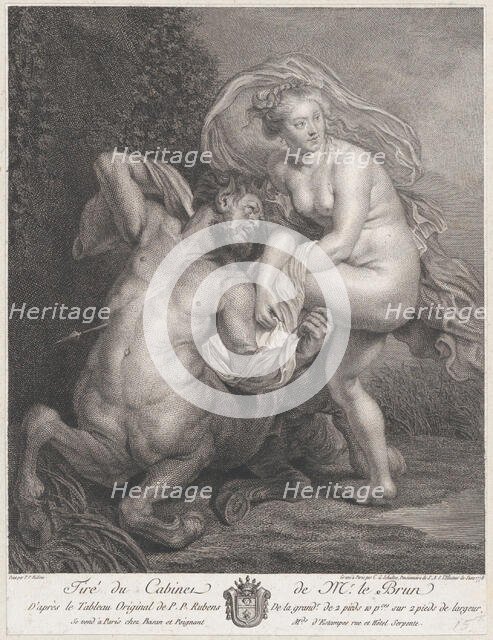 Deianeira receiving the poisoned tunic from Nessus, and the wounded centaur falling to the..., 1778. Creator: Christian Gottfried Schulze.