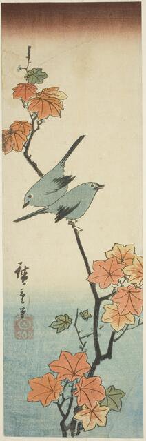 Japanese white-eyes on a maple branch, 1854. Creator: Ando Hiroshige.