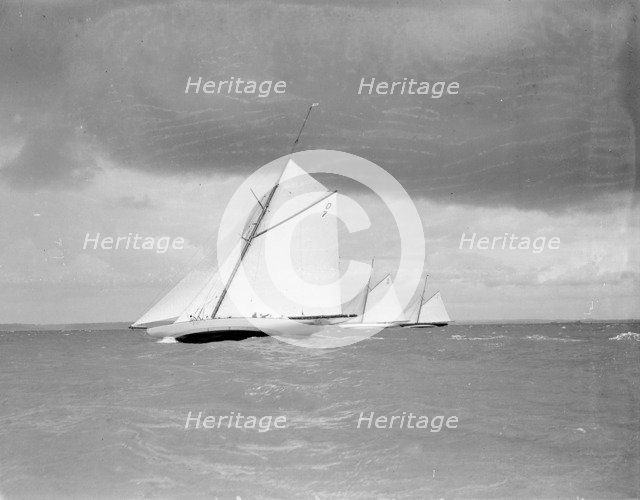 'Istria', 'The Lady Anne', & 'Vanity' racing upwind, 1912. Creator: Kirk & Sons of Cowes.