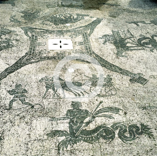 Mosaic, Carts pulled by mules with travellers, Cisarii. c1st Century Artist: Unknown