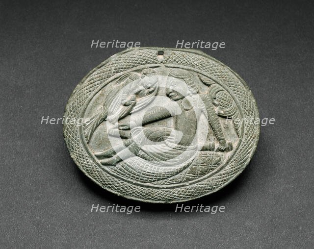 Oval Cosmetic Box Lid with a Man Being Entertained by a Lyrist, 5th/6th century. Creator: Unknown.