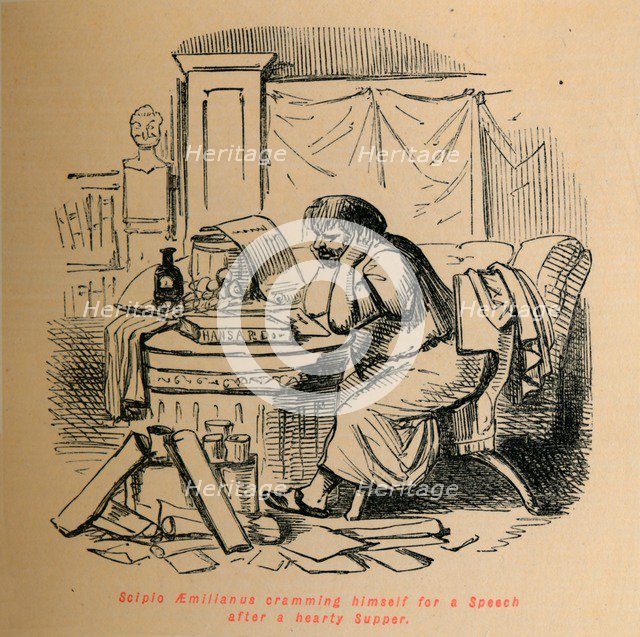 'Scipio Aemilianus cramming himself for a Speech after a hearty Supper', 1852. Artist: John Leech.