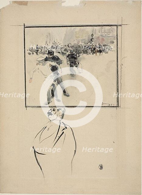 Sketches of a Framed Riot Scene and of a Man (recto); Woman with a Bonnet (verso), c. 1887. Creator: Jean Louis Forain.