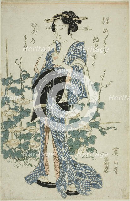 Beauty standing beside morning glories, Japan, c. 1814/17. Creator: Kikukawa Eizan.