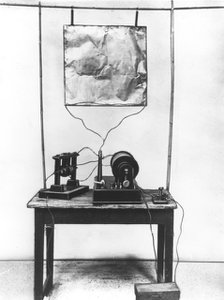Replica of Marconi's first transmitter used in his early experiments in Italy, 1894. Artist: Unknown