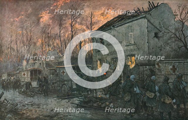 'L'automobile pendant la guerre. Enlevement des blesses dans un poste de secours', 1918. Creator: Georges Bertin Scott.