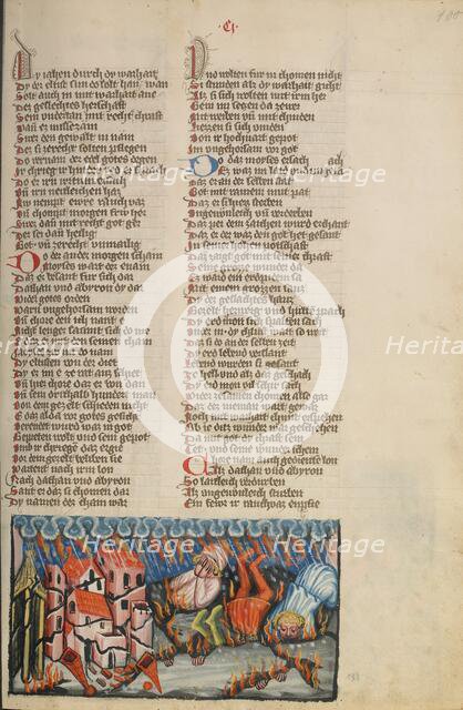 The Earth Devouring Datan's and Abiram's Clans; Weltchronik, about 1400-1410. Creator: Unknown.