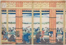 The Rain Shelter at Nii Hill by the Aji River, Osaka (Osaka Ajigawa Niiyama amayadori)..., c. 1834. Creator: Gakutei.