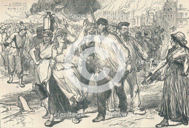 Rioters and petroleuses firing public buildings in Paris during the Paris Commune, 1871 (1906). Artist: Unknown.