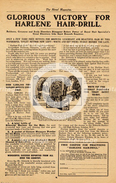 Edwards Harlene hair dressing, 1890s. Artist: Unknown