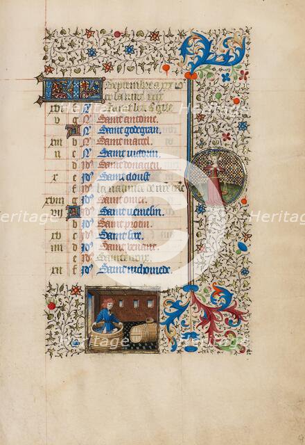 September Calendar Page: Making Wine: Libra; Book of Hours, about 1440-1450. Creator: Workshop of the Bedford Master.
