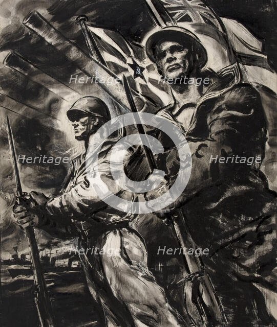 British sailor and Russian sailor, with bayonetted rifles, between 1939 and 1946. Creators: Central Office of Information, Unknown.