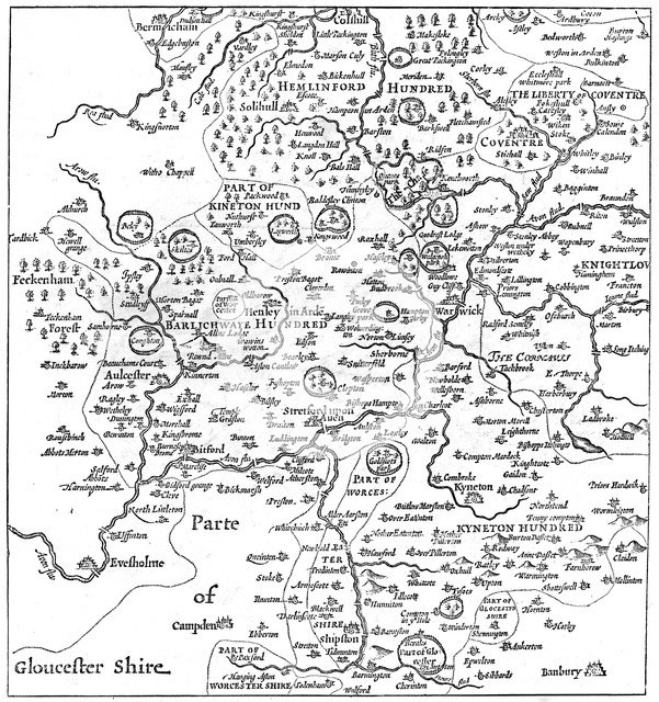 A map of Stratford-upon-Avon and its surrounding areas, 1610 (1885).Artist: Edward Hull