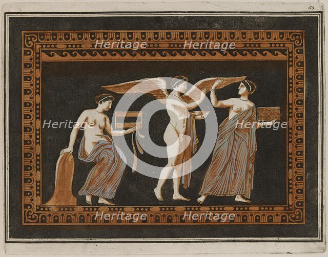 Colour plate of Eros and two woman (possibly Aphrodite?), 1766 [-1767].  Creator: Unknown.