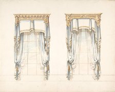 Design for Two White Curtains with Gold Fringes and a Gold Pediment, early 19th century. Creator: Anon.