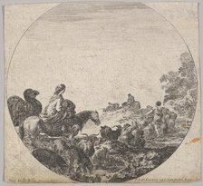 Plate 5: a woman carrying a child on a horse to left, a camel following her, a herd..., ca. 1643-48. Creator: Stefano della Bella.